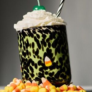 Anthropologie Mystic Icon Juice Glass NWT Halloween Candy Corn Black Handblown